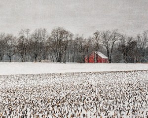 red barn in snow